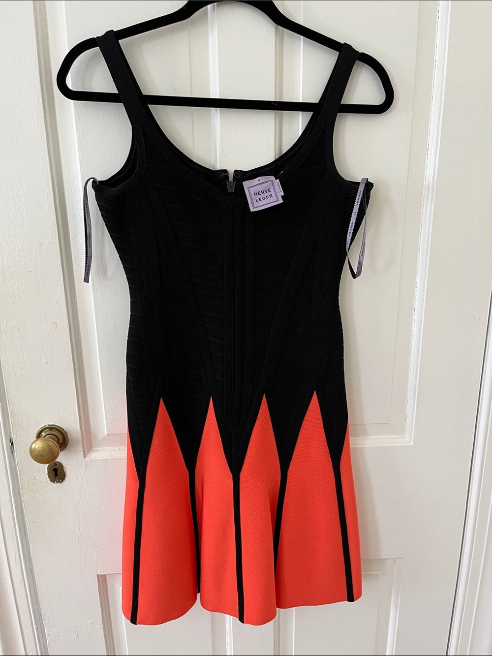 Herve Leger Black and Orange Bandage Fit-and-Flare Mini Bandage Dress